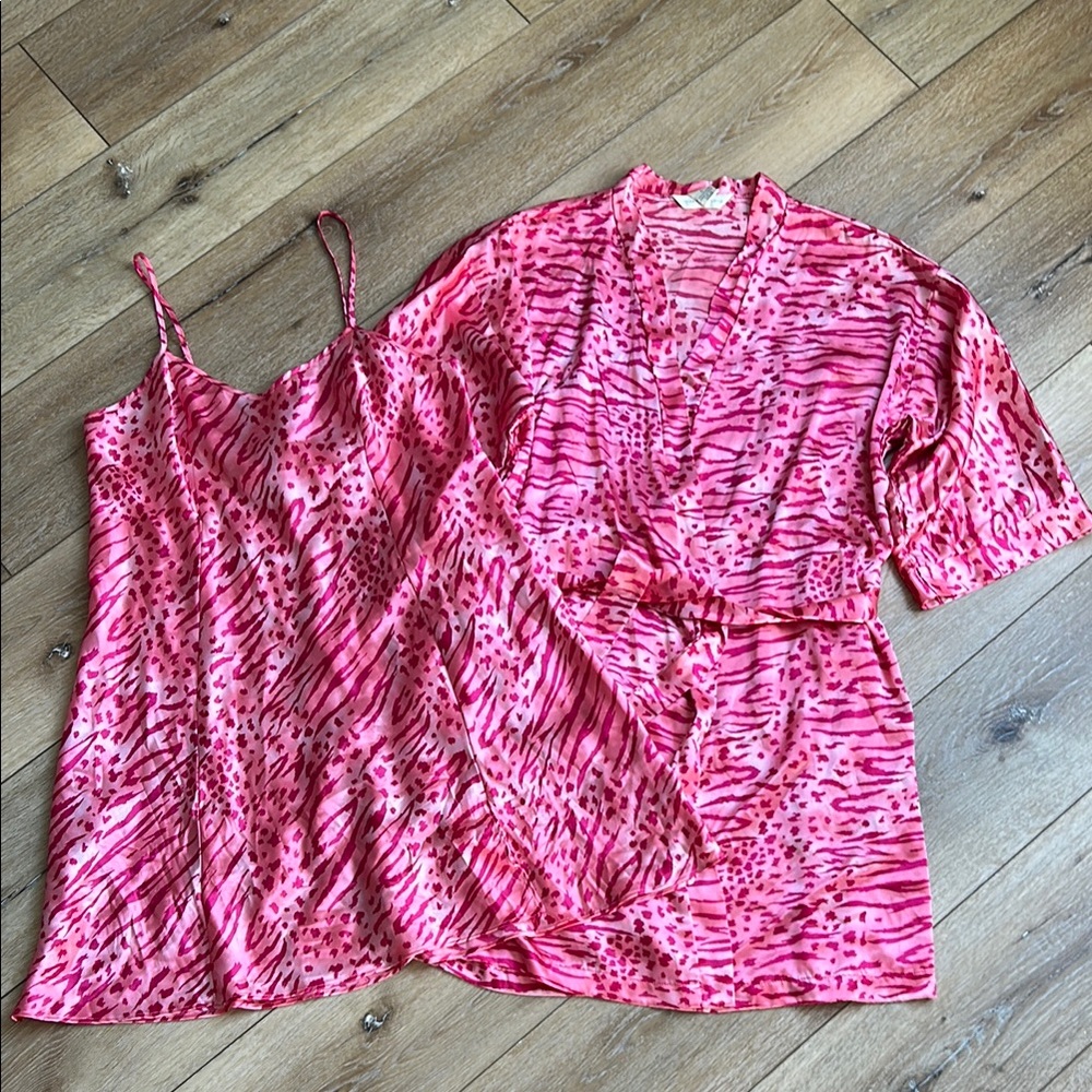Vintage Private Luxuries Women Nightgown & Kimono Robe Pink Animal Print L
